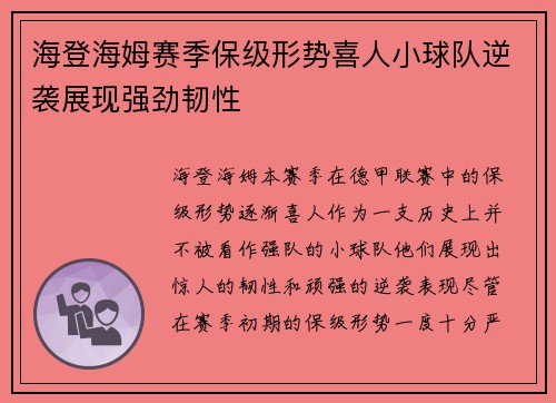 海登海姆赛季保级形势喜人小球队逆袭展现强劲韧性